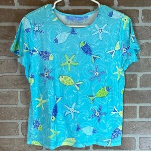 Y2K Vintage Top Blue Women’s T Shirt Size Medium Sequined Fish